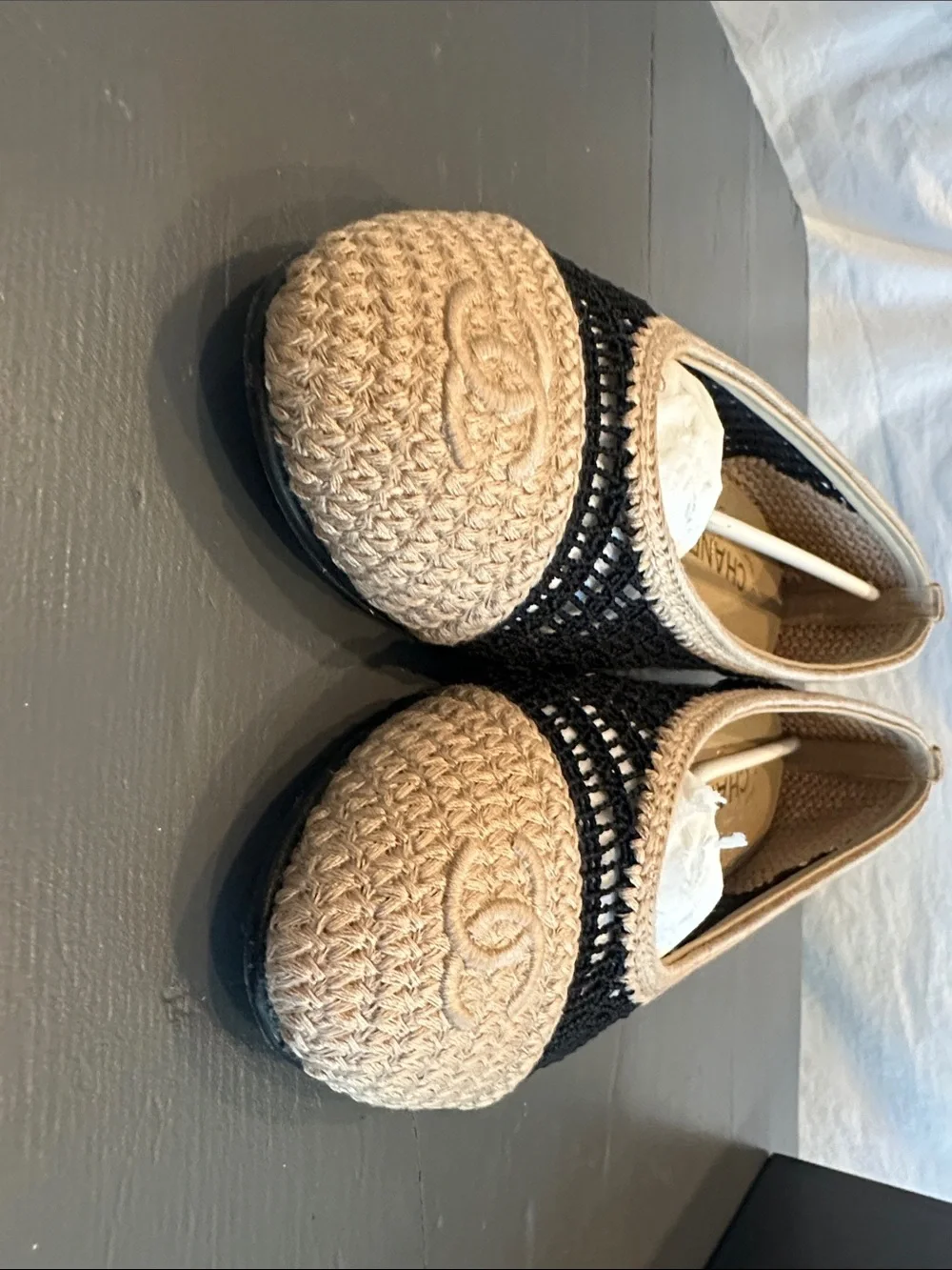 CHANEL Black and Beige Crochet Cap-Toe Ballet Flats